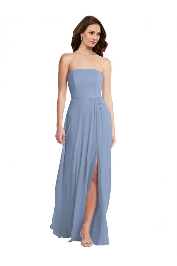 Bleu poussiéreux Trapèze Sans bretelle Mousseline Longue Robes demoiselle d'honneur en Gros