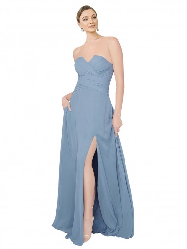 Bleu poussiéreux Trapèze Sans bretelle Mousseline Longue Robes demoiselle d'honneur en Gros