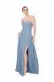 Bleu poussiéreux Trapèze Sans bretelle Mousseline Longue Robes demoiselle d'honneur en Gros
