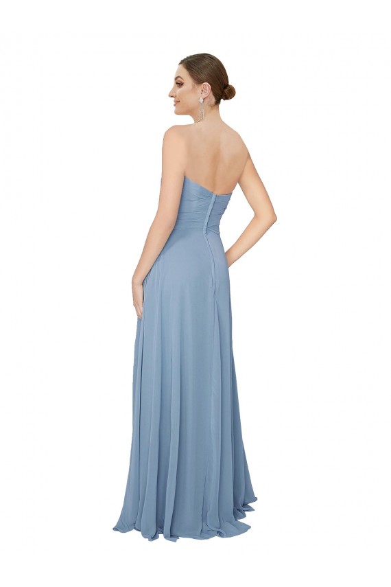 Bleu poussiéreux Trapèze Sans bretelle Mousseline Longue Robes demoiselle d'honneur en Gros