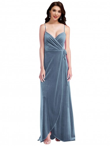 Bleu poussiéreux Trapèze Velours Stretch Longue Robes demoiselle d'honneur / Robes de bal en Gros
