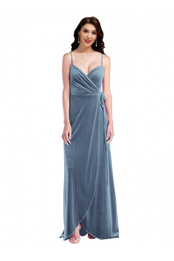 Bleu poussiéreux Trapèze Velours Stretch Longue Robes demoiselle d'honneur / Robes de bal en Gros