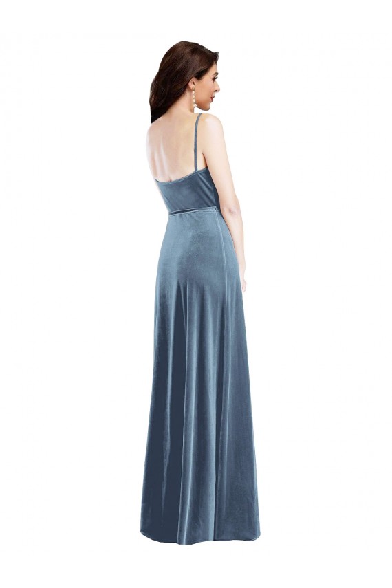 Bleu poussiéreux Trapèze Velours Stretch Longue Robes demoiselle d'honneur / Robes de bal en Gros
