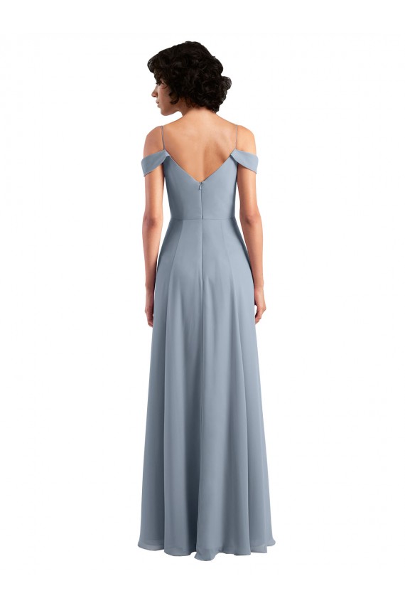 Bleu poussiéreux Trapèze Épaule Dénudée Bretelles spaghetti Mousseline Longue Robes demoiselle d'honneur en Gros