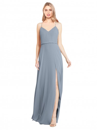 Bleu poussiéreux Trapèze Épaule Dénudée Bretelles spaghetti Mousseline Longue Robes demoiselle d'honneur en Gros