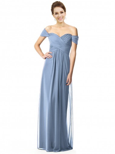 Bleu poussiéreux Trapèze Épaule Dénudée Mousseline Longue Robes demoiselle d'honneur en Gros
