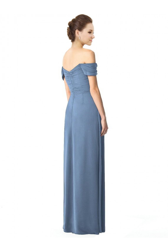 Bleu poussiéreux Trapèze Épaule Dénudée Mousseline Longue Robes demoiselle d'honneur en Gros