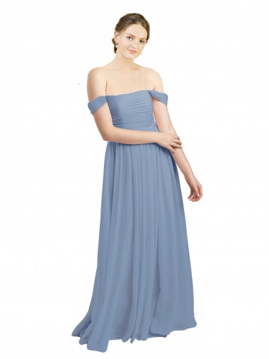 Bleu poussiéreux Trapèze Épaule Dénudée Mousseline Longue Robes demoiselle d'honneur en Gros