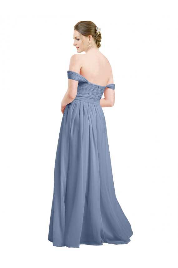 Bleu poussiéreux Trapèze Épaule Dénudée Mousseline Longue Robes demoiselle d'honneur en Gros