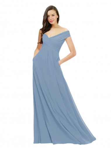 Bleu poussiéreux Trapèze Épaule Dénudée Mousseline Longue Robes demoiselle d'honneur en Gros