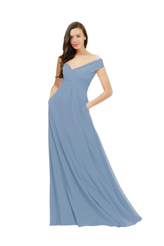 Bleu poussiéreux Trapèze Épaule Dénudée Mousseline Longue Robes demoiselle d'honneur en Gros