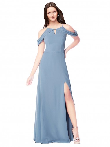 Bleu poussiéreux Trapèze Épaule Dénudée Mousseline Longue Robes demoiselle d'honneur en Gros