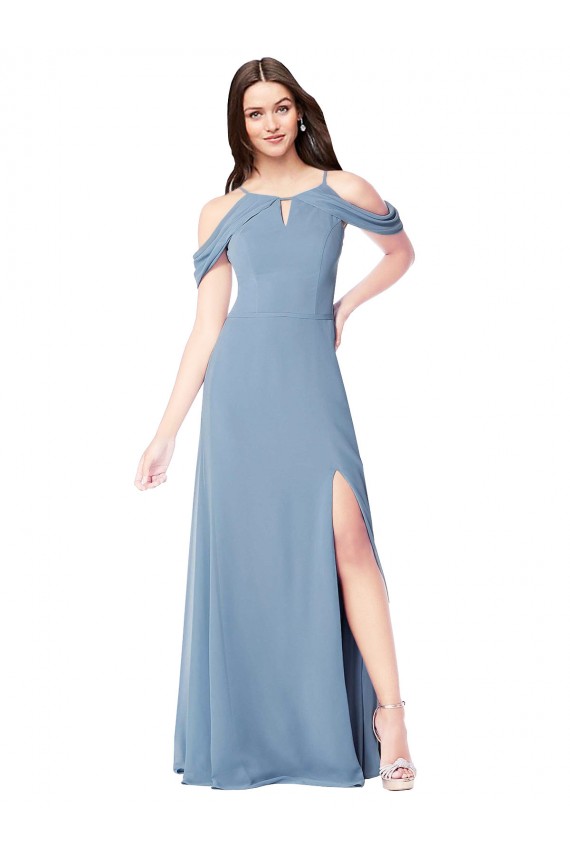 Bleu poussiéreux Trapèze Épaule Dénudée Mousseline Longue Robes demoiselle d'honneur en Gros