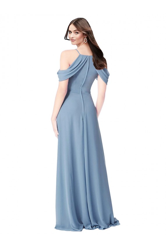 Bleu poussiéreux Trapèze Épaule Dénudée Mousseline Longue Robes demoiselle d'honneur en Gros