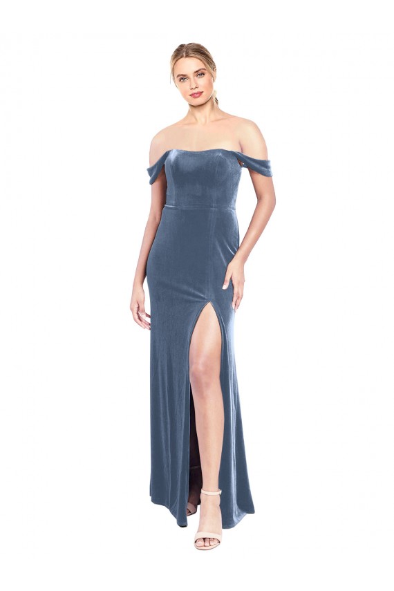 Bleu poussiéreux Trapèze Épaule Dénudée Sans bretelle Velours Stretch Longue Robes demoiselle d'honneur / Robes de bal en Gros