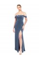 Bleu poussiéreux Trapèze Épaule Dénudée Sans bretelle Velours Stretch Longue Robes demoiselle d'honneur / Robes de bal en Gros