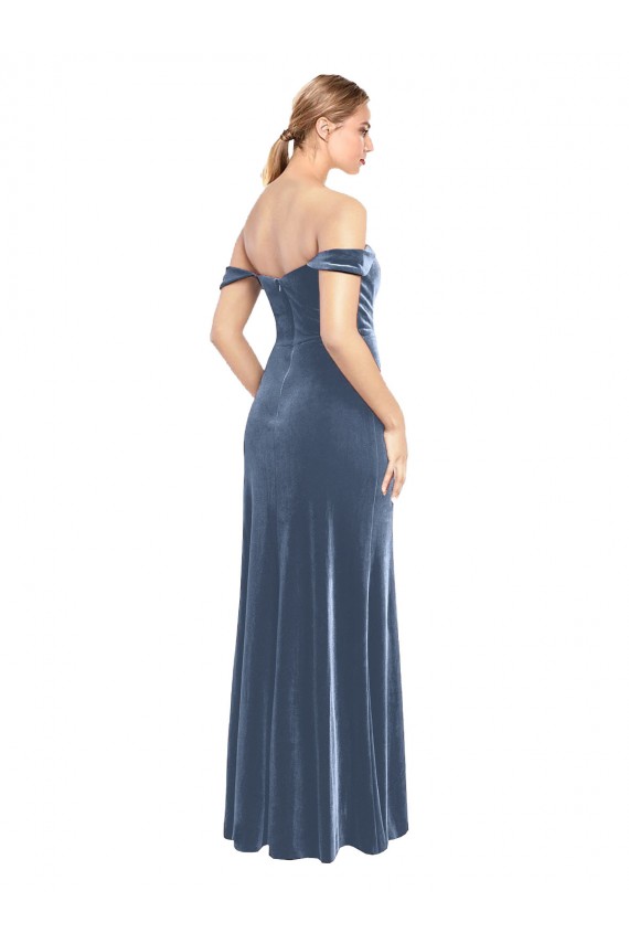Bleu poussiéreux Trapèze Épaule Dénudée Sans bretelle Velours Stretch Longue Robes demoiselle d'honneur / Robes de bal en Gros