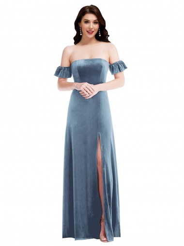 Bleu poussiéreux Trapèze Épaule Dénudée Velours Stretch Longue Robes demoiselle d'honneur / Robes de bal en Gros