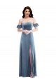 Bleu poussiéreux Trapèze Épaule Dénudée Velours Stretch Longue Robes demoiselle d'honneur / Robes de bal en Gros