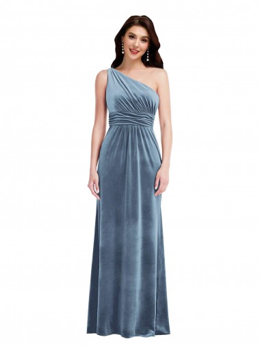 Bleu poussiéreux Trapèze Épaule Dénudée Velours Stretch Longue Robes demoiselle d'honneur / Robes de bal en Gros