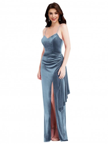Bleu poussiéreux Trompette Bretelles spaghetti Velours Stretch Longue Formelles Robes demoiselle d'honneur / Robes de soirée / Robes de bal en Gros