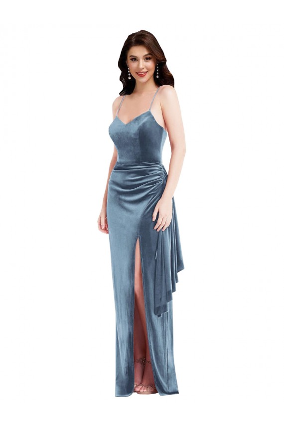 Bleu poussiéreux Trompette Bretelles spaghetti Velours Stretch Longue Formelles Robes demoiselle d'honneur / Robes de soirée / Robes de bal en Gros