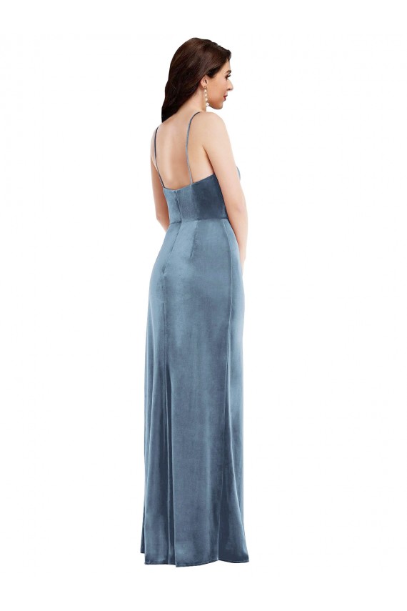 Bleu poussiéreux Trompette Bretelles spaghetti Velours Stretch Longue Formelles Robes demoiselle d'honneur / Robes de soirée / Robes de bal en Gros