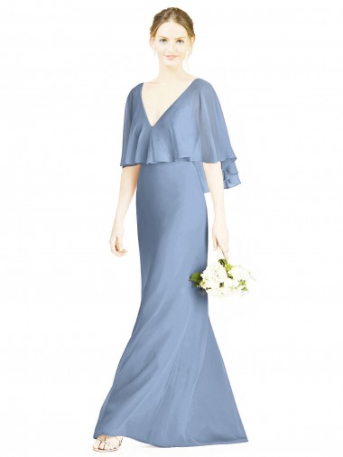 Bleu poussiéreux Trompette Col V Mousseline Longue Robes demoiselle d'honneur en Gros