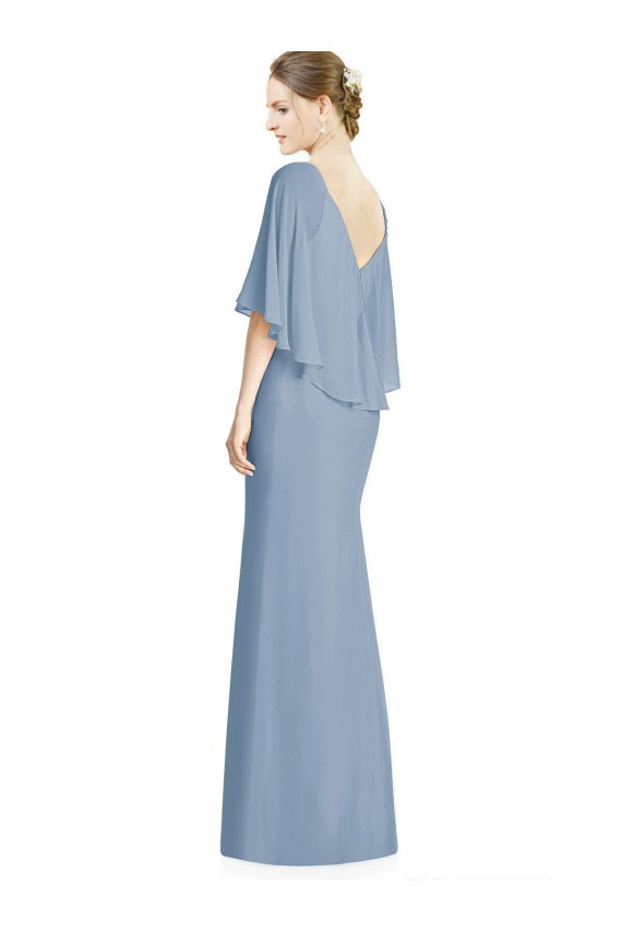Bleu poussiéreux Trompette Col V Mousseline Longue Robes demoiselle d'honneur en Gros