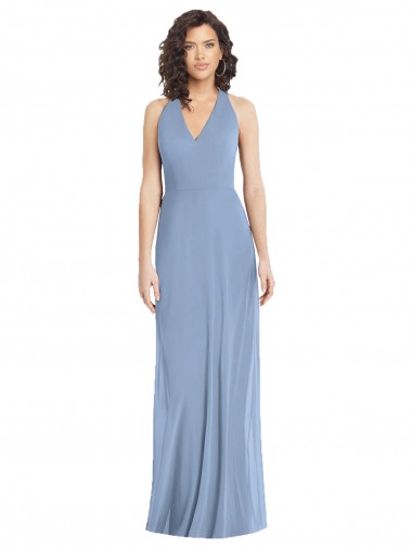 Bleu poussiéreux Trompette Licou Col V Mousseline Longue Formelles Robes demoiselle d'honneur / Robes de soirée en Gros