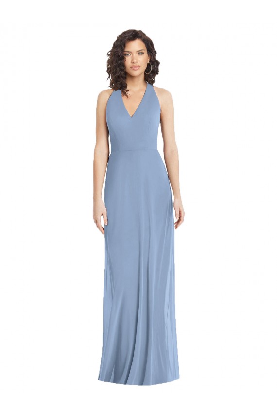 Bleu poussiéreux Trompette Licou Col V Mousseline Longue Formelles Robes demoiselle d'honneur / Robes de soirée en Gros