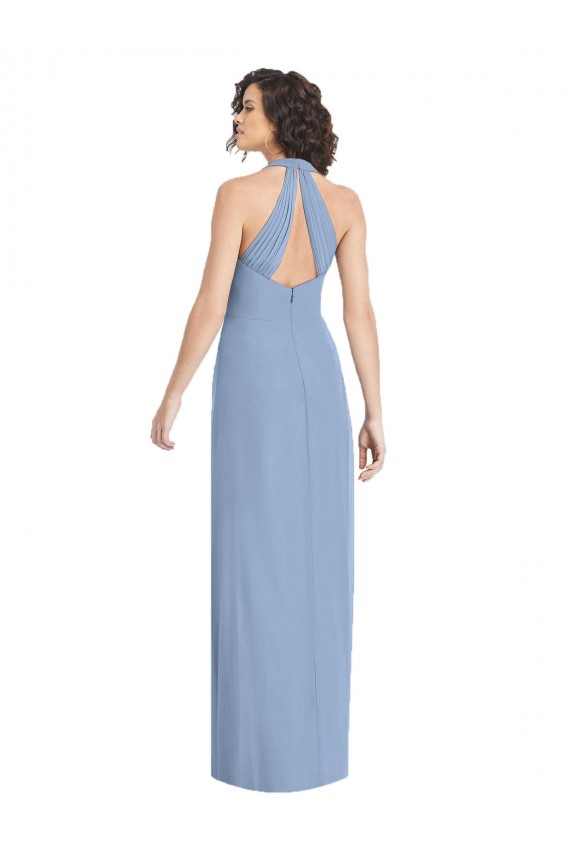 Bleu poussiéreux Trompette Licou Col V Mousseline Longue Formelles Robes demoiselle d'honneur / Robes de soirée en Gros
