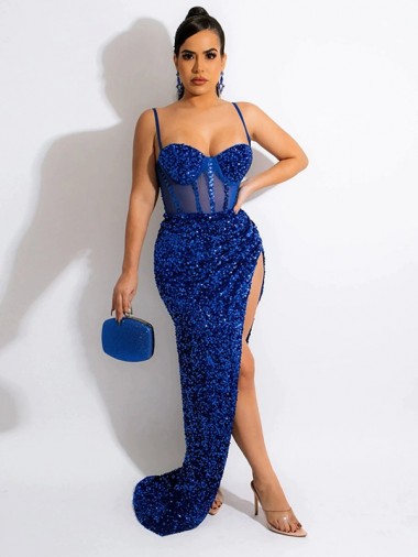 Bleu roi Fourreau Bretelles spaghetti Balayage train Paillettes Velours Longue Robes de bal en Gros
