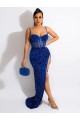 Bleu roi Fourreau Bretelles spaghetti Balayage train Paillettes Velours Longue Robes de bal en Gros