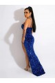 Bleu roi Fourreau Bretelles spaghetti Balayage train Paillettes Velours Longue Robes de bal en Gros