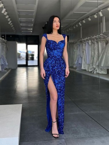 Bleu roi Fourreau Bretelles spaghetti Balayage train Paillettes Velours Longue Robes de bal en Gros