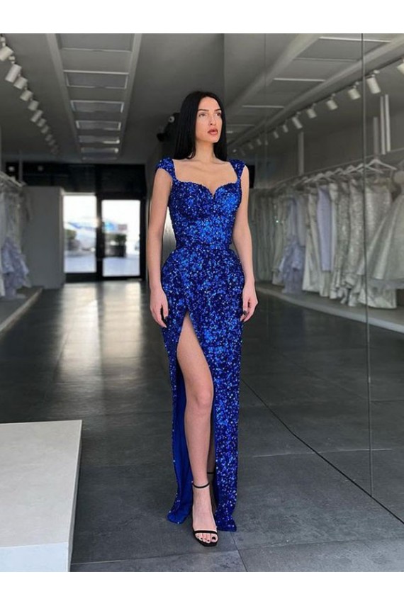 Bleu roi Fourreau Bretelles spaghetti Balayage train Paillettes Velours Longue Robes de bal en Gros