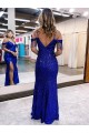 Bleu roi Fourreau Bretelles spaghetti Col V Paillettes Velours Longue Robes de bal en Gros