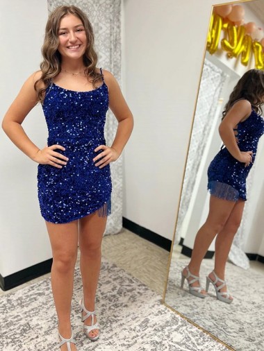 Bleu roi Fourreau Bretelles spaghetti Courte Paillettes Velours Courte Robes de bal en Gros
