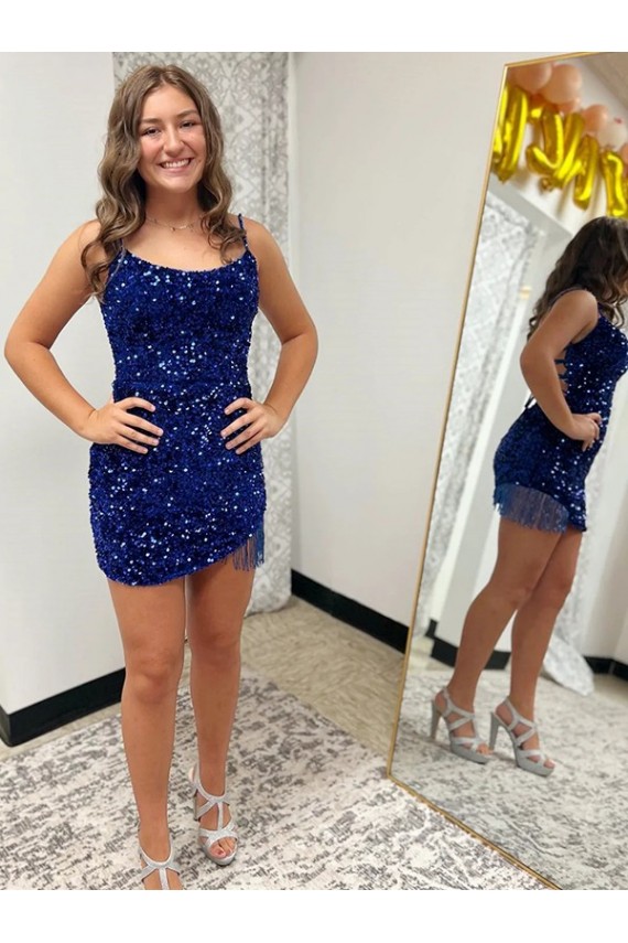 Bleu roi Fourreau Bretelles spaghetti Courte Paillettes Velours Courte Robes de bal en Gros