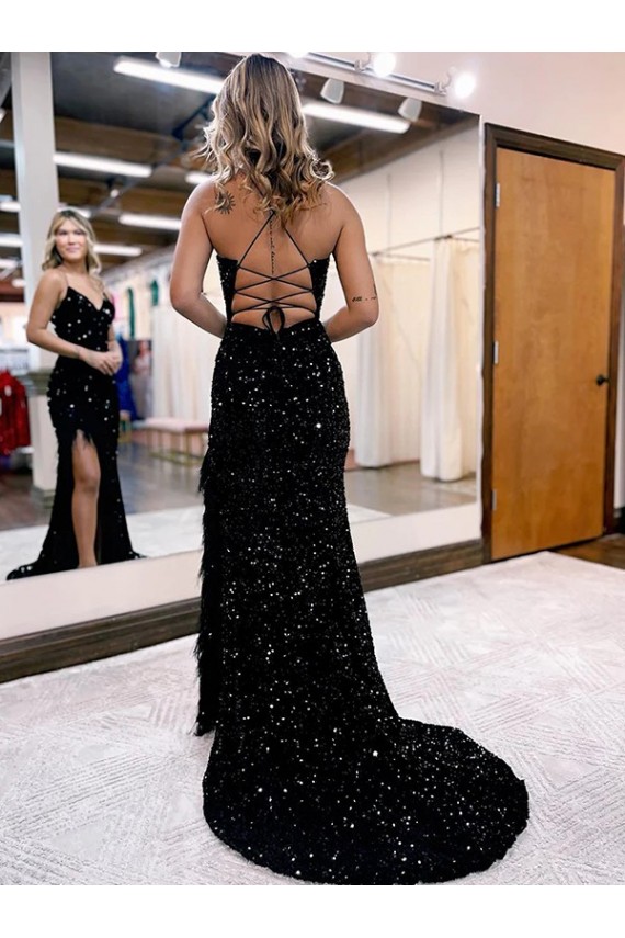 Bleu roi Fourreau Col V Balayage train Paillettes Velours Longue Robes de bal en Gros