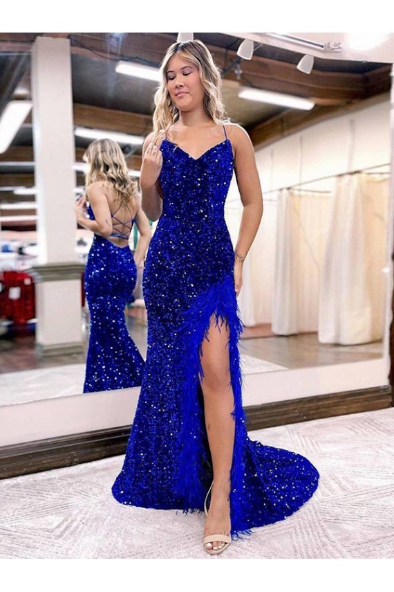 Bleu roi Fourreau Col V Balayage train Paillettes Velours Longue Robes de bal en Gros