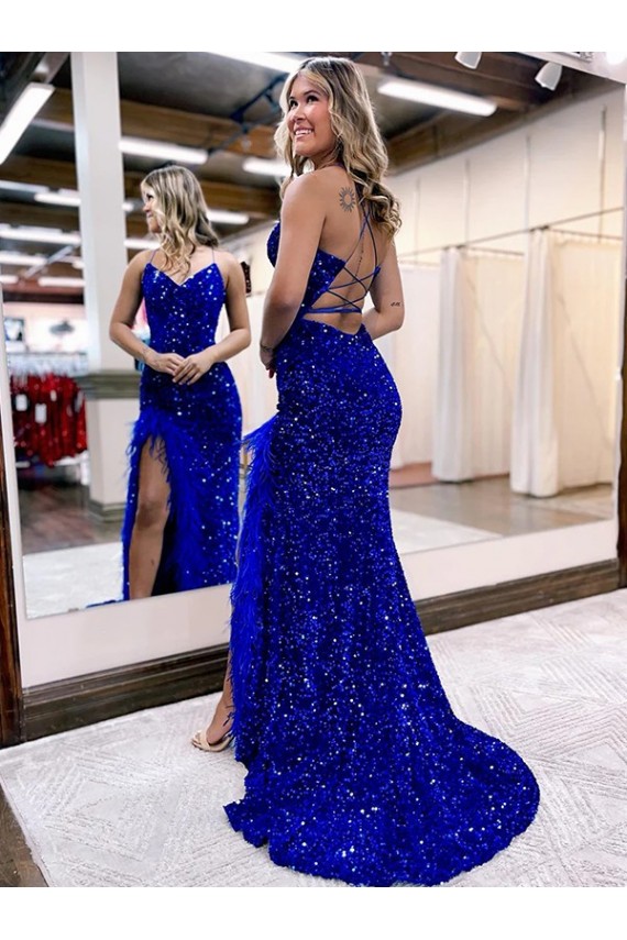 Bleu roi Fourreau Col V Balayage train Paillettes Velours Longue Robes de bal en Gros