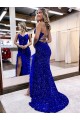 Bleu roi Fourreau Col V Balayage train Paillettes Velours Longue Robes de bal en Gros