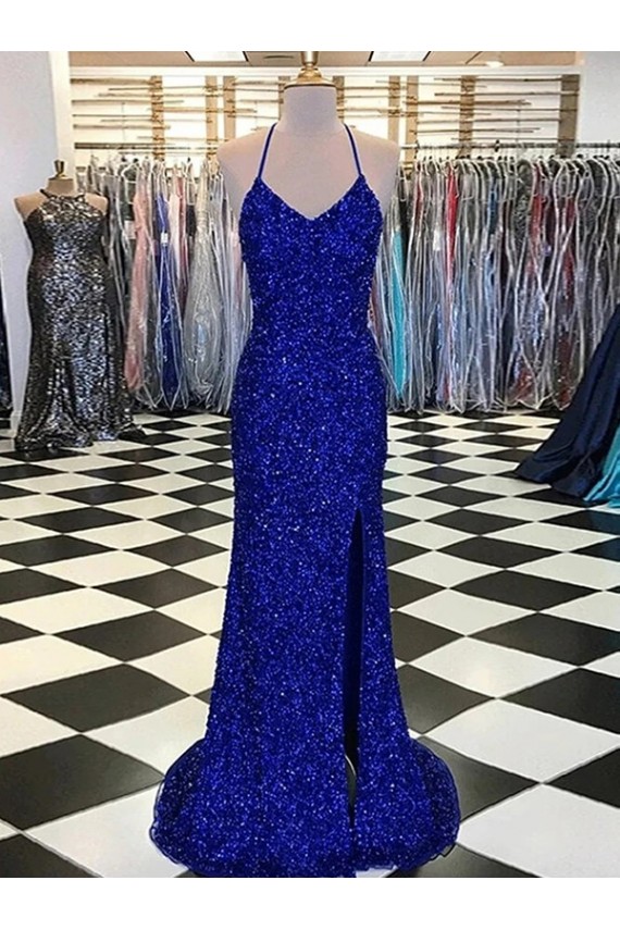 Bleu roi Fourreau Col V Balayage train Paillettes Velours Longue Robes de bal en Gros