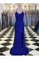 Bleu roi Fourreau Col V Balayage train Paillettes Velours Longue Robes de bal en Gros