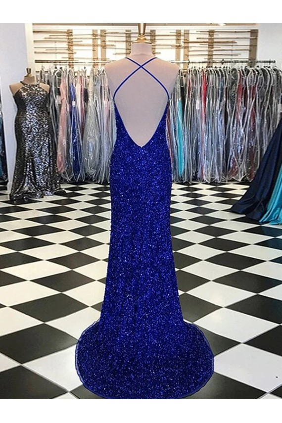 Bleu roi Fourreau Col V Balayage train Paillettes Velours Longue Robes de bal en Gros