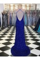 Bleu roi Fourreau Col V Balayage train Paillettes Velours Longue Robes de bal en Gros
