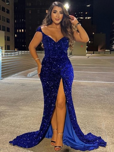 Bleu roi Fourreau Col V Balayage train Paillettes Velours Longue Robes de bal en Gros