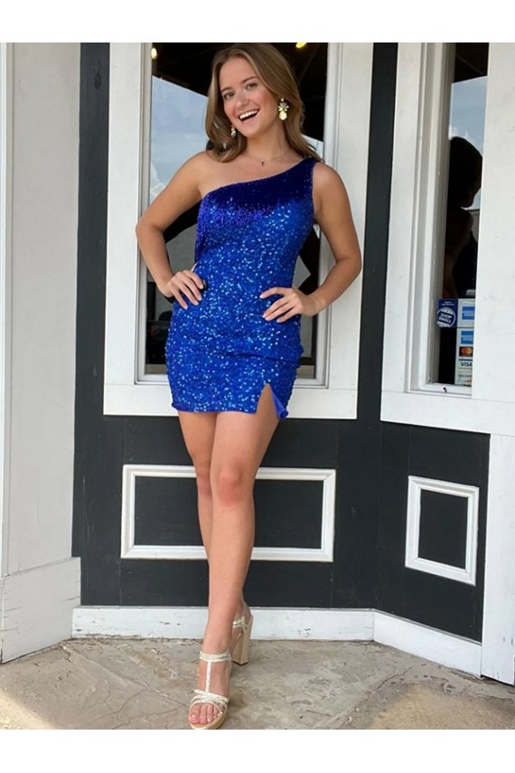 Bleu roi Fourreau Courte Paillettes Velours Courte Robes de bal en Gros
